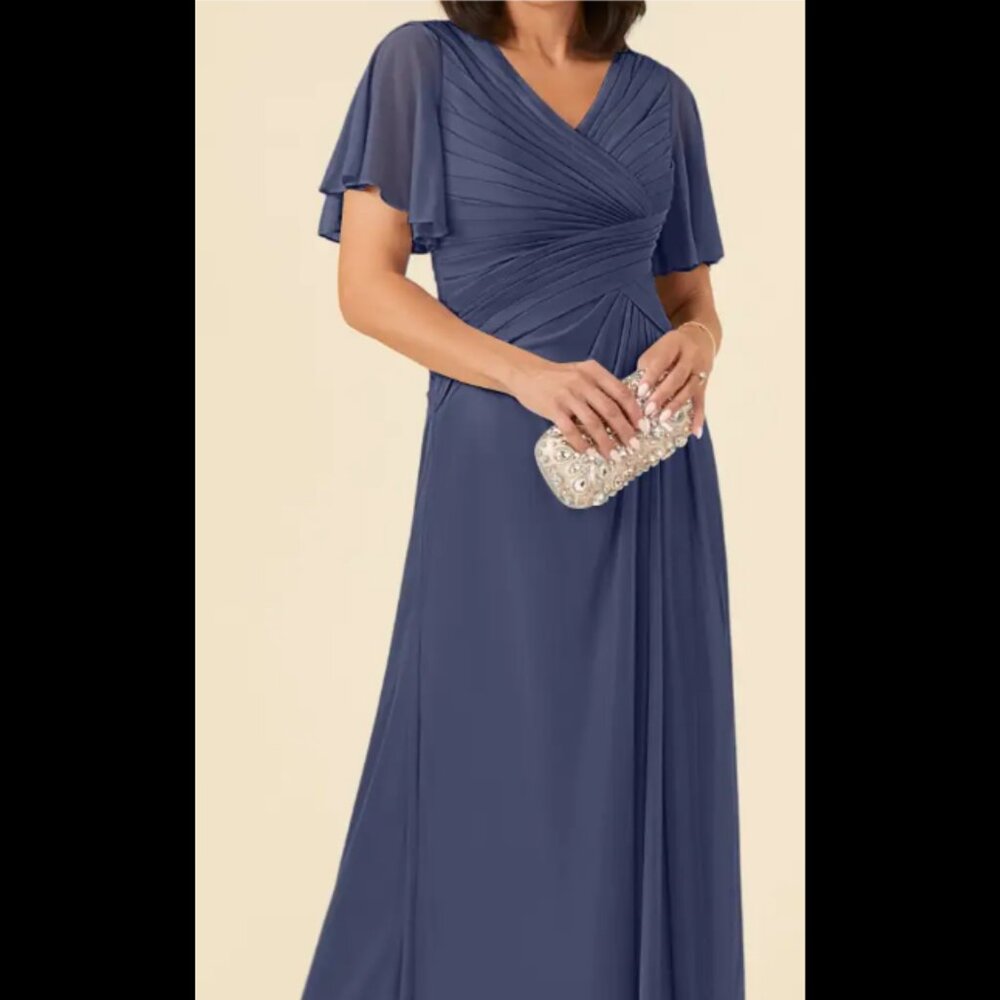 Azazie Emmeline Stretch Stormy A-Line V-Neck Pleated Mesh Dress Size 24